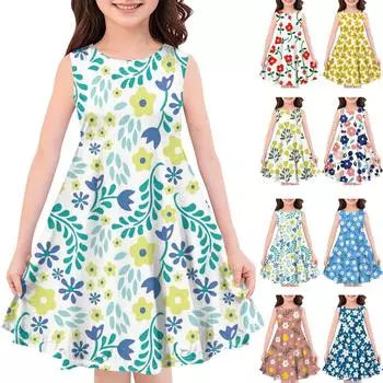 Детское летнее повседневное модное платье без рукавов с круглым вырезом и принтом 110 бежевый