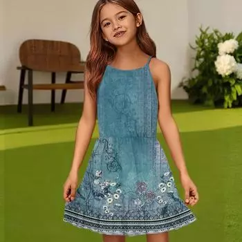 Детское летнее повседневное модное платье с круглым вырезом, однотонное, без рукавов 120