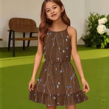 Детское летнее повседневное модное платье с круглым вырезом, однотонное, без рукавов 160 коричневый