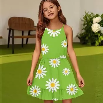 Детское летнее повседневное модное платье с круглым вырезом, однотонное, без рукавов 120 зелёный