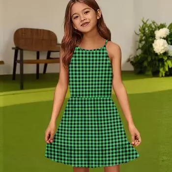 Детское летнее повседневное модное платье с круглым вырезом, однотонное, без рукавов 160 зелёный