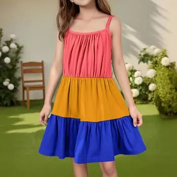 Детское летнее повседневное модное платье с круглым вырезом, однотонное, без рукавов 130 синий