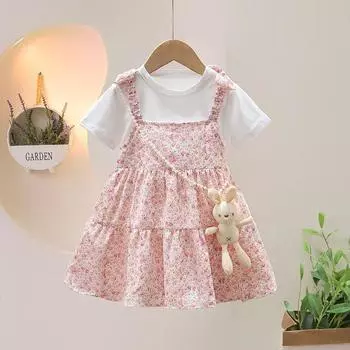 Детское летнее тонкое платье, коллекция 2023 года, детская одежда, повседневная футболка для маленьких девочек, платья из двух частей с цветочным принтом на бретельках 2T розовый