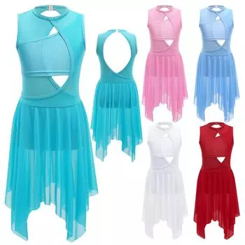 Детское лирическое современное танцевальное платье для девочек, балетное трико, сетчатая тюлевая юбка с вырезом спереди и открытой спиной 5-6 Years синий