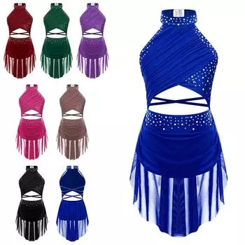 Детское лирическое танцевальное платье для девочек с бретелькой на шее, блестящие стразы с вырезом на спине, балетное трико, костюм для выступлений 5-6 Years бордовый