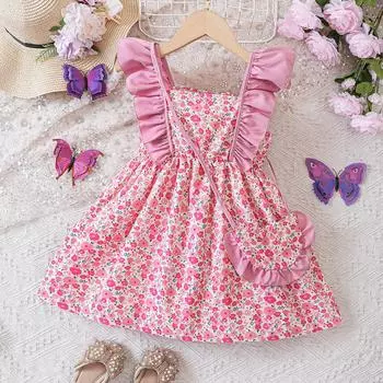 Детское милое платье с цветочным принтом лотоса, летнее модное платье для девочек 90cm