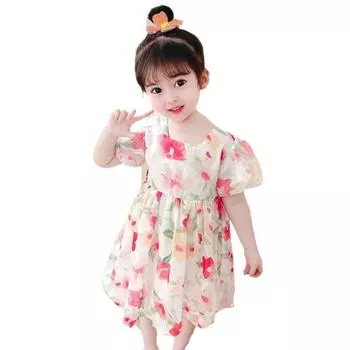 Детское милое шифоновое платье с квадратным вырезом, платье принцессы для маленьких девочек, платье-фонарь с короткими рукавами 90