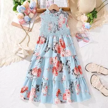 Детское модное платье без рукавов с принтом, летнее элегантное милое платье для девочек 130cm=8Y небесно-голубой