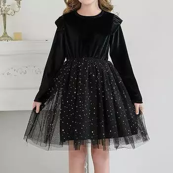 Детское модное платье из небесно-голубой сетки с оборками и длинными рукавами 120 чёрный