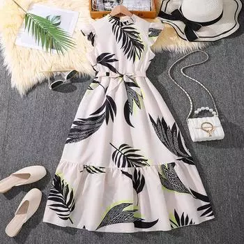 Детское модное платье, летнее, для девочек, милое платье с коротким рукавом и принтом 130cm=8Y