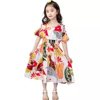 Детское модное шикарное милое повседневное платье в стиле ретро с нерегулярным принтом для девочек и короткими рукавами с цветочным принтом 140
