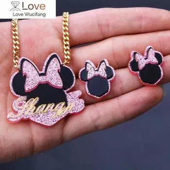 Детское мультяшное имя ожерелье акриловое имя ожерелье серьги гвоздики комплект индивидуальная кубинская цепочка подарок 45cm