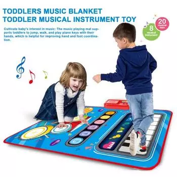 Детское музыкальное одеяло 2 в 1 Jass, электронная музыка, фортепиано, клавишный барабан с 2 палочками, 13 вставных песен, 6 инструментов, музыкальный коврик для малышей синий
