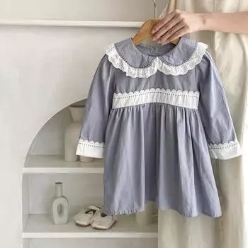 Детское однотонное платье для девочек, кружевная юбка с воротником Питер Пэн, модные мягкие платья для девочек, bafanou 62181 90cm(18-24M) синий