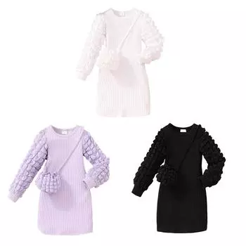 Детское однотонное платье с пышными рукавами и сумкой для девочек 3Y