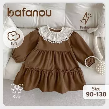 Детское однотонное весеннее вельветовое платье для девочек, платье с длинными рукавами, детская хлопковая одежда bafanou 22413 90cm(18-24M) коричневый