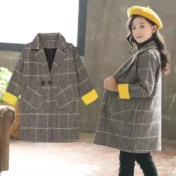 Детское осенне-зимнее пальто в клетку с воротником-стойкой для девочек, стеганая толстая теплая куртка для активного отдыха с длинным верхом 170 серый