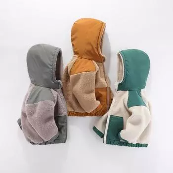 Детское осенне-зимнее утолщенное хлопковое пальто из овечьей шерсти, теплое пальто с капюшоном и цветными блоками 140cm