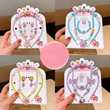 Детское ожерелье, комплект украшений, ослепительный браслет из бисера, мультяшная повязка на голову, серьги, аксессуары для девочек-принцесс