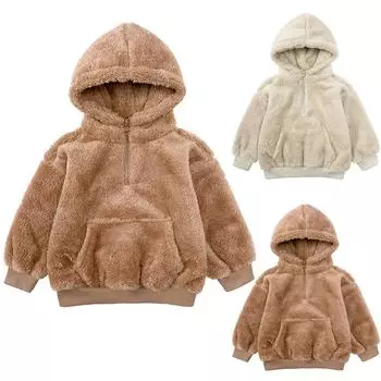 Детское пальто для мальчиков и девочек, зимнее, корейская версия, однотонное, с длинным рукавом, шерстяное, с капюшоном из овечьей шерсти 100 бежевый
