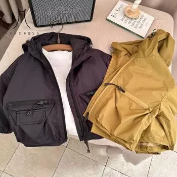 Детское пальто, осеннее новое однотонное пальто для мальчиков и девочек, детская короткая толстовка с капюшоном, модное повседневное пальто 90 чёрный