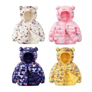 Детское пальто с капюшоном и принтом. Ветрозащитная куртка на молнии. Детская легкая пуховая хлопковая куртка. 130