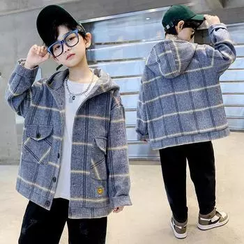 Детское пальто в клетку тартан, осень/зима 2023, модное пальто с капюшоном для мальчиков 120cm