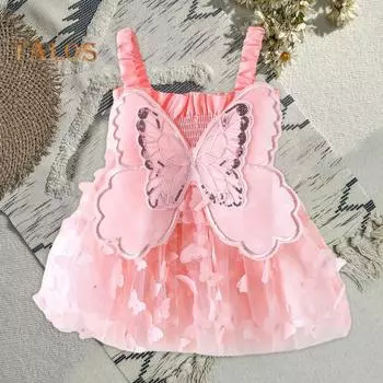 Детское платье Аппликация бабочки Крылья Феи Без рукавов Стиль принцессы с блестками Большой подол Плиссированный рассеянный подол Сетчатый эластичный бюст Вечеринка Детский сад 100 cm зелёный