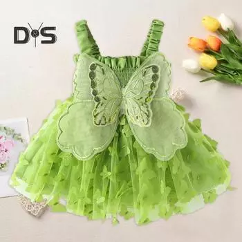 Детское платье Аппликация бабочки Крылья Феи Без рукавов Стиль принцессы с блестками Большой подол Плиссированный рассеянный подол Сетчатый эластичный бюст Вечеринка Детский сад 100 cm зелёный
