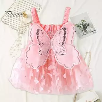 Детское платье Аппликация бабочки Крылья Феи Без рукавов Стиль принцессы с блестками Большой подол Плиссированный рассеянный подол Сетчатый эластичный бюст Вечеринка Детский сад 100 cm зелёный