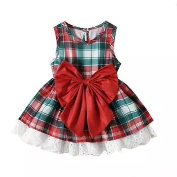 Детское платье без рукавов для девочек, рождественское клетчатое платье с кружевным бантом 100