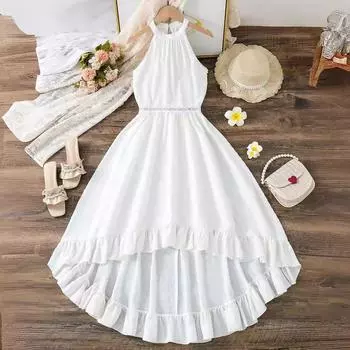 Детское платье без рукавов с лямкой через шею, нерегулярное кружевное платье, летнее модное платье для девочек 13Y белый