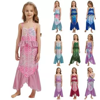 Детское платье без рукавов с пайетками и длинной юбкой «рыбий хвост» для выступлений 110 синий