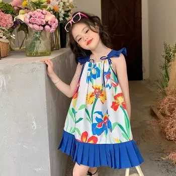 Детское платье без рукавов с плиссировкой и цветочным принтом, летнее детское платье для девочки, милое платье принцессы 7