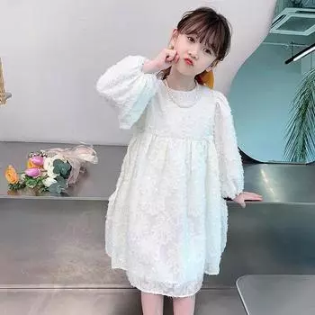 Детское платье, детское платье с длинными рукавами и круглым вырезом для девочек, жаккардовое платье со складками 90