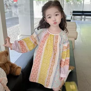 Детское платье длиной до колена Детское платье с круглым вырезом и длинными рукавами 9