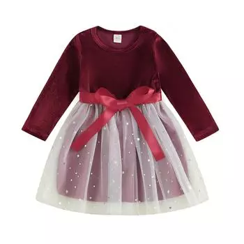 Детское платье для девочек, бархатное платье с блестками и звездами, многослойное сетчатое фатиновое платье с бантом и круглым вырезом, с длинными рукавами, осеннее платье принцессы 6-12 Months красный