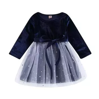 Детское платье для девочек, бархатное платье с блестками и звездами, многослойное сетчатое фатиновое платье с бантом и круглым вырезом, с длинными рукавами, осеннее платье принцессы 2-3 Years синий