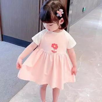 Детское платье для девочек, летнее милое платье-футболка с цветочным принтом, свободное платье с высокой талией 110