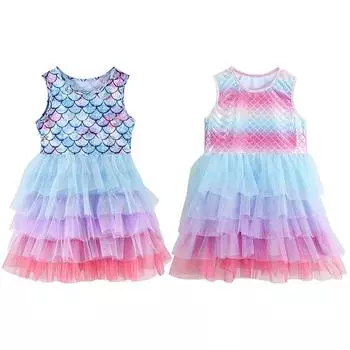Детское платье для девочек, пышное платье принцессы с русалкой, длинное платье с градиентным цветовым узором 3-4T