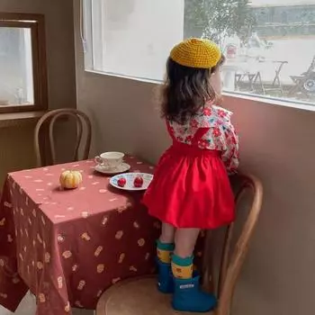 Детское платье для девочек, рубашка из двух частей с длинными рукавами и лацканами с цветочным принтом и юбкой 100