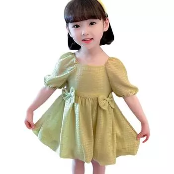 Детское платье для девочек с объемными рукавами и квадратным воротником с бантом, однотонное, для детей от 1 до 5 лет 130