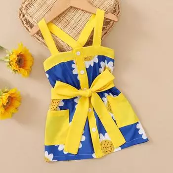 Детское платье для девочек с открытыми плечами и цветочным принтом подсолнечника, рюшами и поясом, короткое платье трапециевидной формы 4-5Y