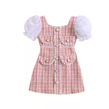 Детское платье для девочек с пышными рукавами, разные цвета, жемчуг, лоскутное, летнее платье трапециевидной формы, одежда для детей 1–6 лет 2-3 Years розовый