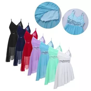 Детское платье для фигурного катания с v-образным вырезом и блестками для девочек, латинское лирическое платье с нерегулярным подолом 5-6 Years темно-синий