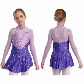Детское платье для фигурного катания, танцевальное платье, балетный купальник, танцевальная одежда, с воротником-стойкой, длинными рукавами, цветными блоками, прозрачной сеткой, стразами 5-6 Years фиолетовый