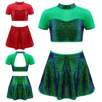 Детское платье для латинских танцев с блестками для девочек, комплект из 2 предметов, современная танцевальная одежда, укороченный топ с открытой спиной и юбка 9-10 Years зелёный