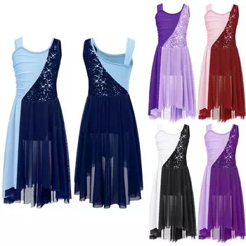 Детское платье для лирических танцев без рукавов с блестящими пайетками, гимнастическое трико с фатиновой юбкой, платье для латинских танцев 5-6 Years темно-синий