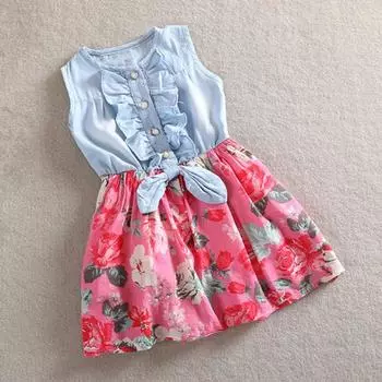 Детское платье Джинсовое дышащее платье с цветочным принтом для маленьких девочек для повседневной жизни 140cm красный