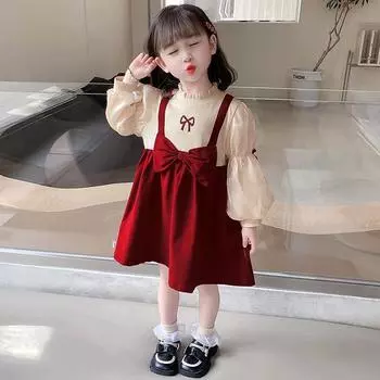 Детское платье-фонарик с длинными рукавами и бантом Детское платье-подделка Платье-двойка Платье принцессы для девочек 100